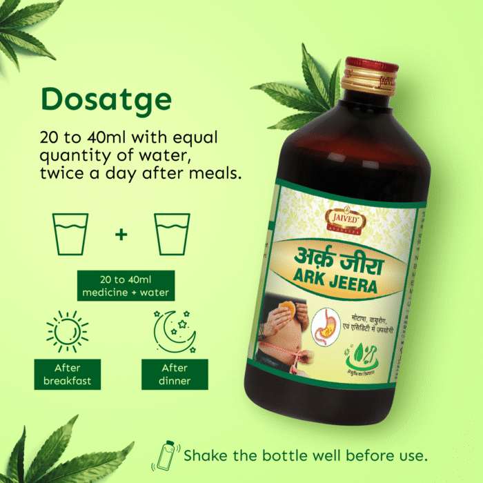 20 to 40ml with equal quantity of water, twice a day after meals.